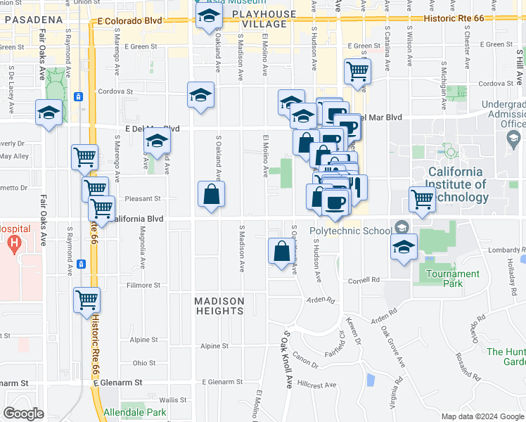 map of restaurants, bars, coffee shops, grocery stores, and more near 609 South El Molino Avenue in Pasadena