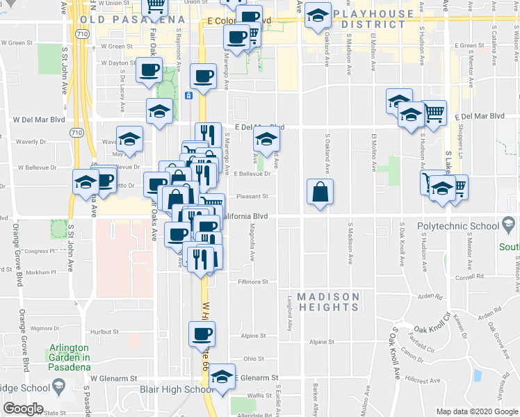 map of restaurants, bars, coffee shops, grocery stores, and more near 280 East California Boulevard in Pasadena