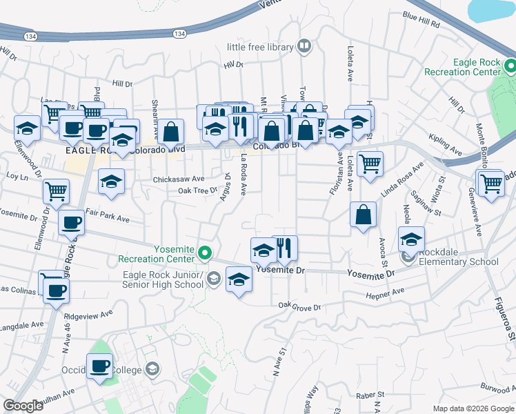 map of restaurants, bars, coffee shops, grocery stores, and more near 4921 Algoma Avenue in Los Angeles