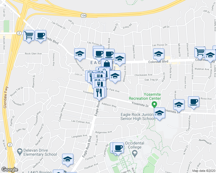 map of restaurants, bars, coffee shops, grocery stores, and more near 2108 Fair Park Avenue in Los Angeles
