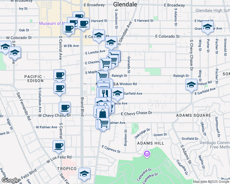map of restaurants, bars, coffee shops, grocery stores, and more near 910 South Glendale Avenue in Glendale