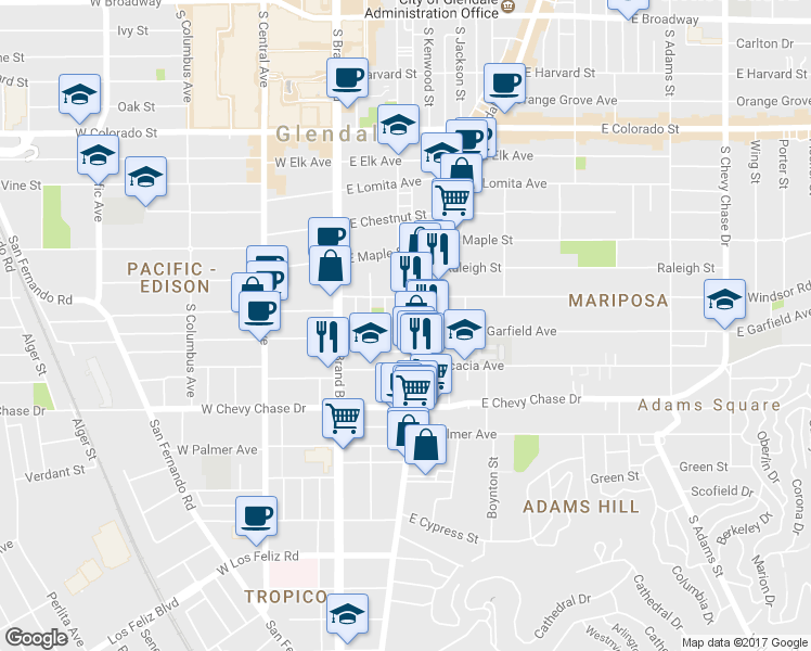 map of restaurants, bars, coffee shops, grocery stores, and more near 300 East Garfield Avenue in Glendale