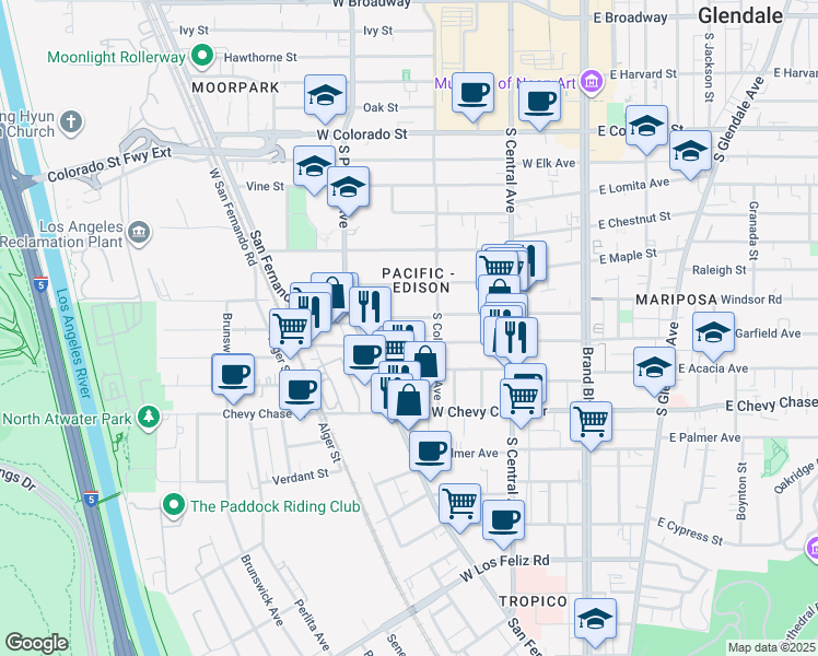 map of restaurants, bars, coffee shops, grocery stores, and more near 413 West Garfield Avenue in Glendale