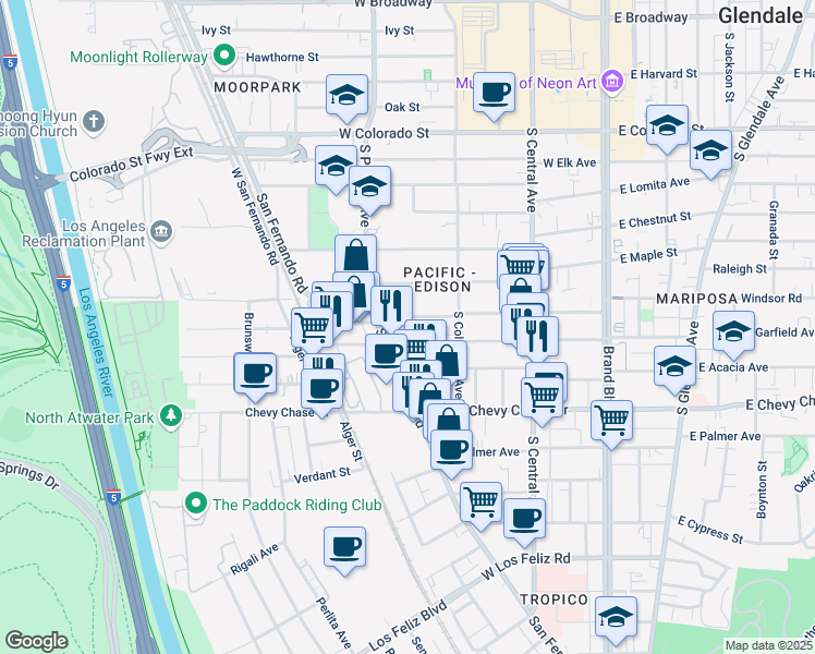 map of restaurants, bars, coffee shops, grocery stores, and more near 453 West Garfield Avenue in Glendale