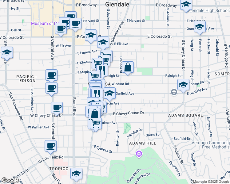 map of restaurants, bars, coffee shops, grocery stores, and more near 515 East Garfield Avenue in Glendale