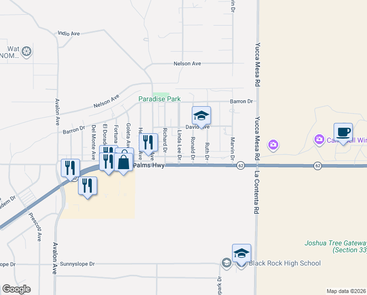 map of restaurants, bars, coffee shops, grocery stores, and more near 59006 Twentynine Palms Highway in Yucca Valley