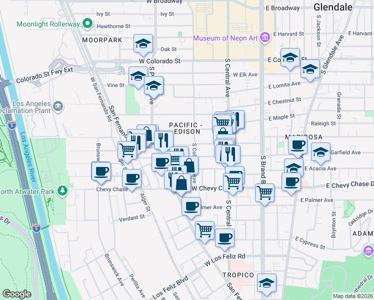 map of restaurants, bars, coffee shops, grocery stores, and more near 413 West Garfield Avenue in Glendale