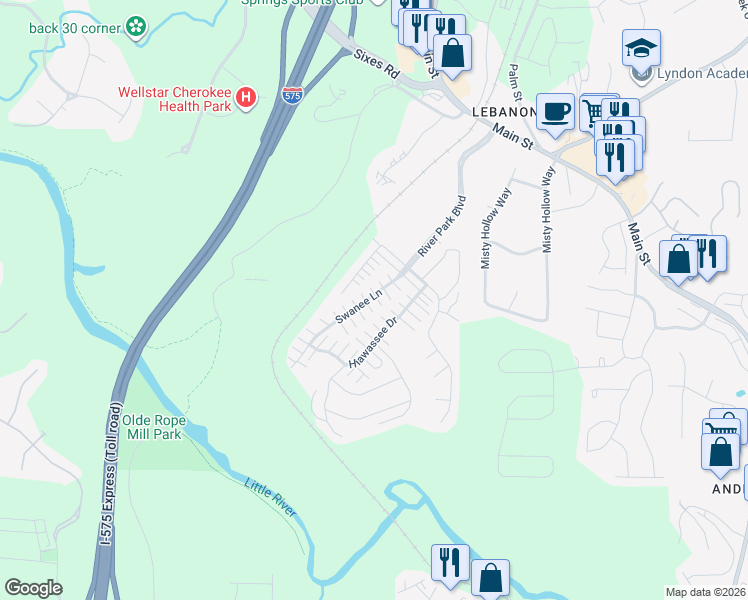 map of restaurants, bars, coffee shops, grocery stores, and more near 236 Hiawassee Drive in Woodstock