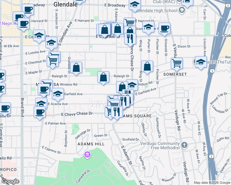 map of restaurants, bars, coffee shops, grocery stores, and more near 1025 East Garfield Avenue in Glendale
