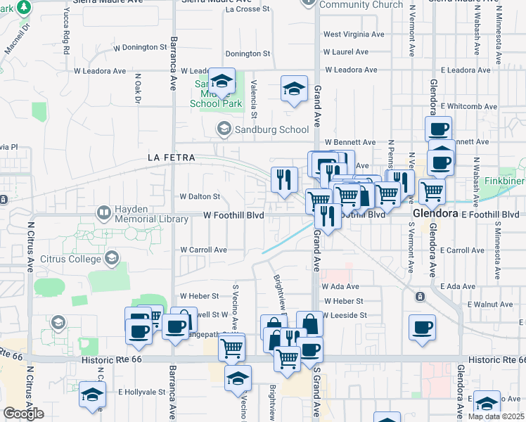 map of restaurants, bars, coffee shops, grocery stores, and more near 630 West Foothill Boulevard in Glendora