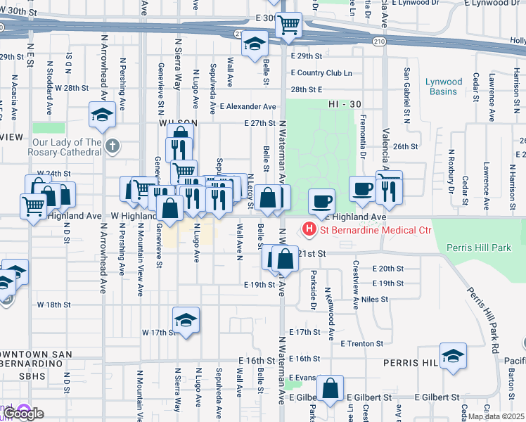 map of restaurants, bars, coffee shops, grocery stores, and more near 263 East Highland Avenue in San Bernardino