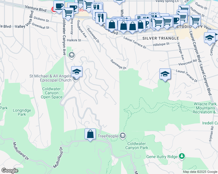map of restaurants, bars, coffee shops, grocery stores, and more near 3623 Goodland Drive in Los Angeles