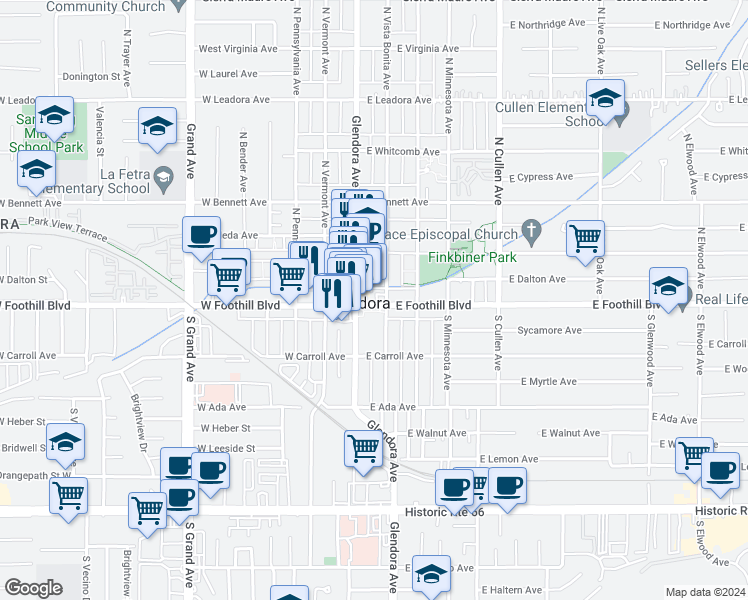 map of restaurants, bars, coffee shops, grocery stores, and more near 115 East Foothill Boulevard in Glendora