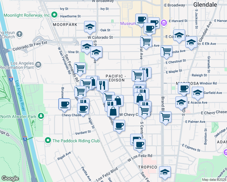 map of restaurants, bars, coffee shops, grocery stores, and more near 413 West Garfield Avenue in Glendale