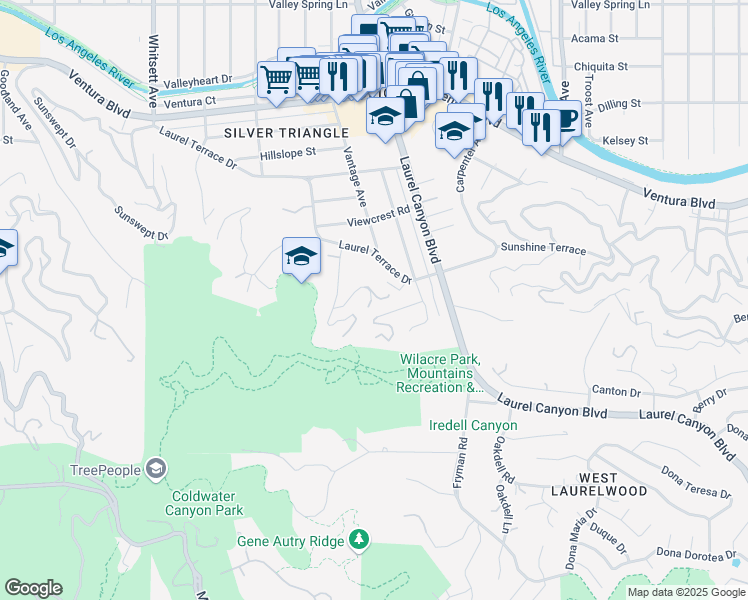 map of restaurants, bars, coffee shops, grocery stores, and more near 3596 Woodhill Canyon Road in Los Angeles