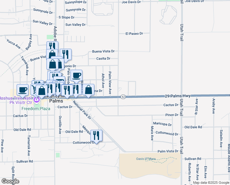 map of restaurants, bars, coffee shops, grocery stores, and more near 6484 Desert Knoll Avenue in Twentynine Palms