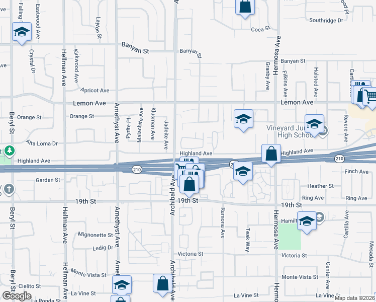 map of restaurants, bars, coffee shops, grocery stores, and more near 9757 Balaton Street in Rancho Cucamonga