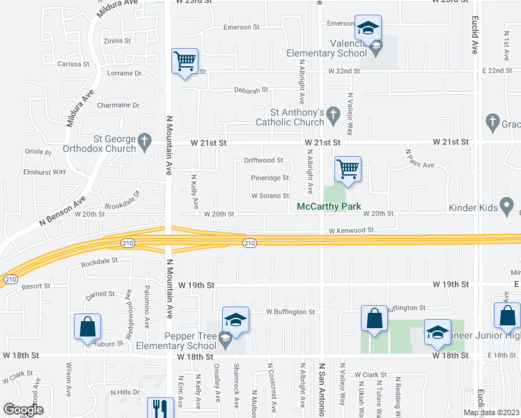 map of restaurants, bars, coffee shops, grocery stores, and more near 959 West 20th Street in Upland
