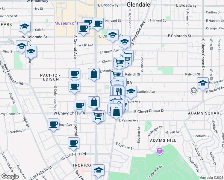 map of restaurants, bars, coffee shops, grocery stores, and more near 225 East Garfield Avenue in Glendale