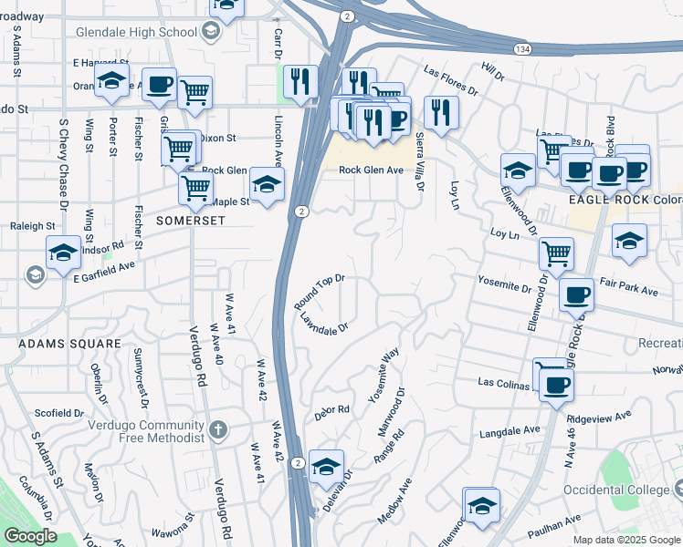 map of restaurants, bars, coffee shops, grocery stores, and more near 4781 Round Top Drive in Los Angeles