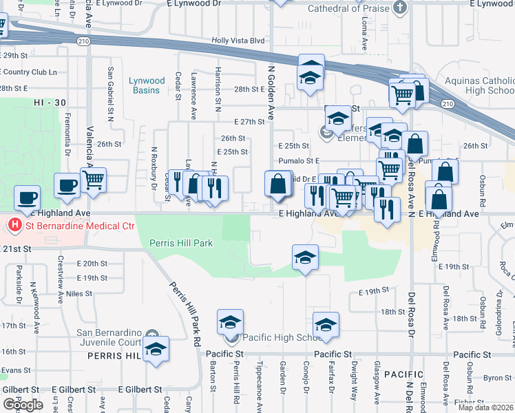 map of restaurants, bars, coffee shops, grocery stores, and more near 1181 East Highland Avenue in San Bernardino