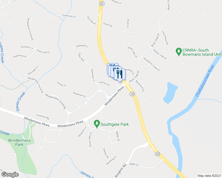 map of restaurants, bars, coffee shops, grocery stores, and more near 1240 Everton Place in Cumming