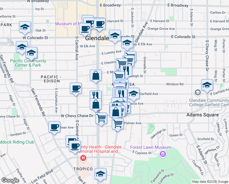 map of restaurants, bars, coffee shops, grocery stores, and more near 225 East Garfield Avenue in Glendale
