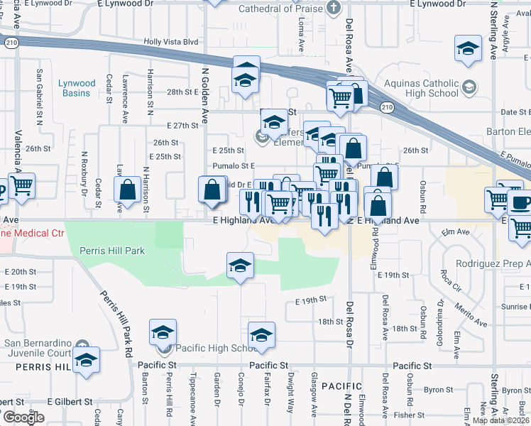map of restaurants, bars, coffee shops, grocery stores, and more near 1380 E Highland Ave in San Bernardino