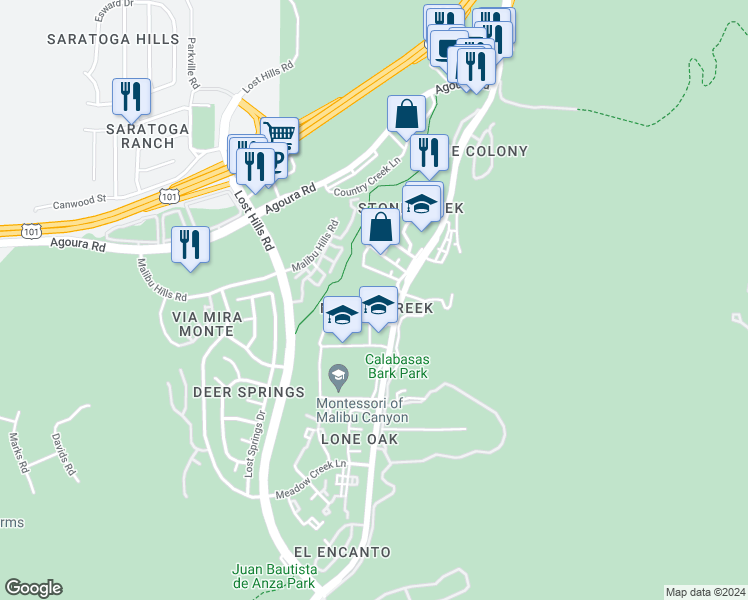 map of restaurants, bars, coffee shops, grocery stores, and more near 4201 Las Virgenes Road in Calabasas