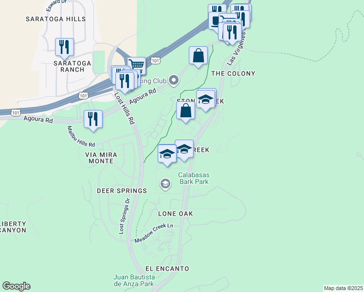 map of restaurants, bars, coffee shops, grocery stores, and more near 4201 Las Virgenes Road in Calabasas