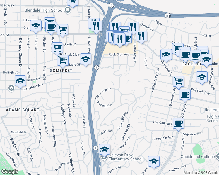 map of restaurants, bars, coffee shops, grocery stores, and more near 4781 Round Top Drive in Los Angeles