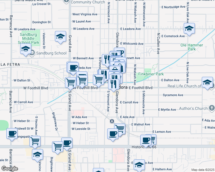 map of restaurants, bars, coffee shops, grocery stores, and more near 133 North Vermont Avenue in Glendora