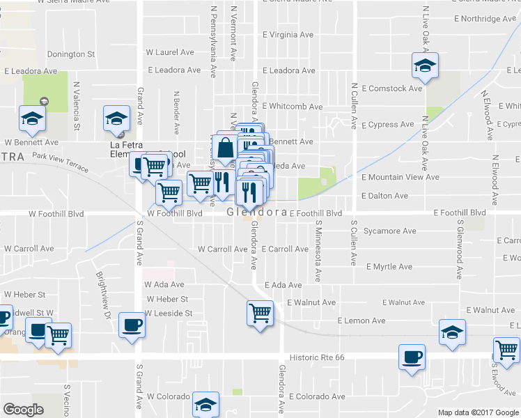 map of restaurants, bars, coffee shops, grocery stores, and more near 100 North Glendora Avenue in Glendora