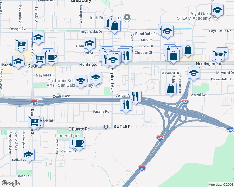 map of restaurants, bars, coffee shops, grocery stores, and more near in Duarte