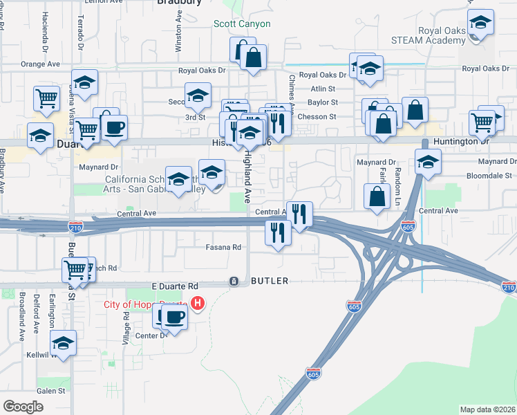 map of restaurants, bars, coffee shops, grocery stores, and more near 1404 Highland Avenue in Duarte