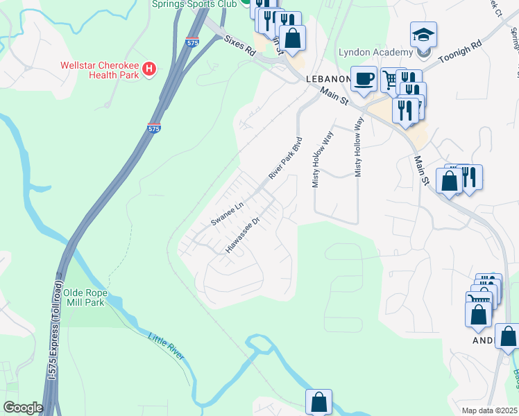 map of restaurants, bars, coffee shops, grocery stores, and more near 206 Hiawassee Drive in Woodstock