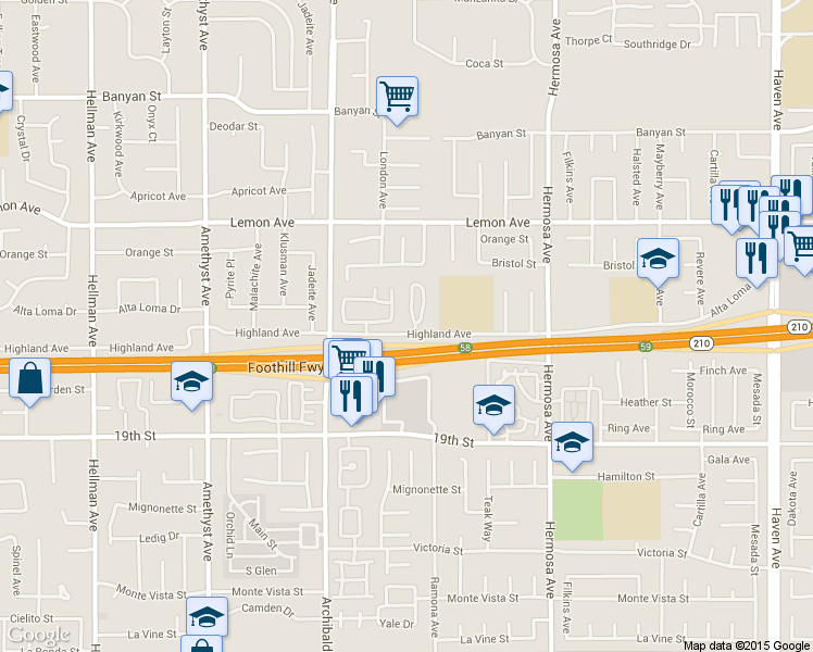 map of restaurants, bars, coffee shops, grocery stores, and more near 9805 Caldaro Street in Rancho Cucamonga