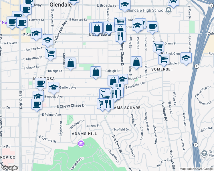 map of restaurants, bars, coffee shops, grocery stores, and more near 1025 East Garfield Avenue in Glendale