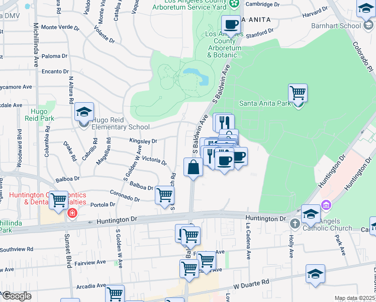 map of restaurants, bars, coffee shops, grocery stores, and more near 317 South Baldwin Avenue in Arcadia