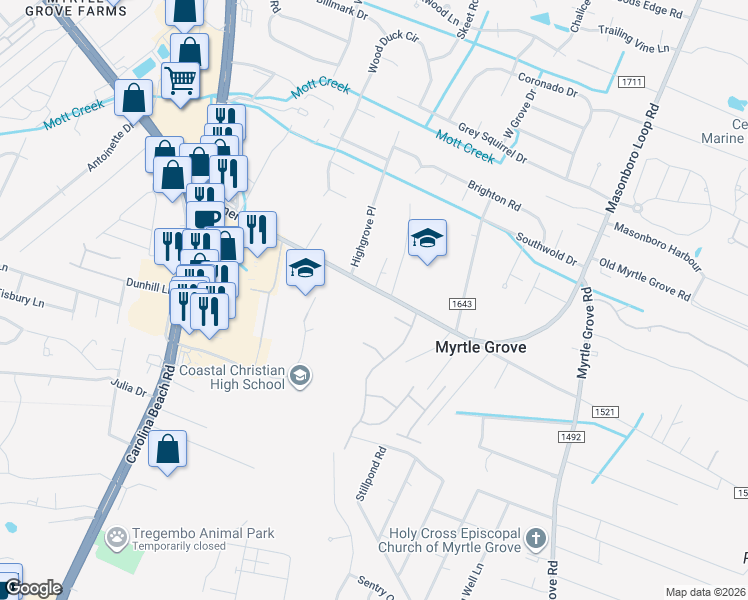 map of restaurants, bars, coffee shops, grocery stores, and more near 811-861 Piner Road in Wilmington