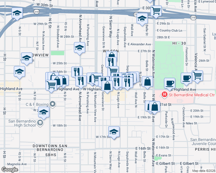 map of restaurants, bars, coffee shops, grocery stores, and more near 108 West Highland Avenue in San Bernardino