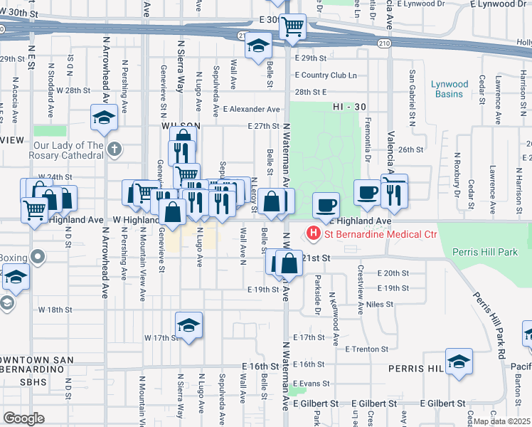 map of restaurants, bars, coffee shops, grocery stores, and more near 276 East Highland Avenue in San Bernardino