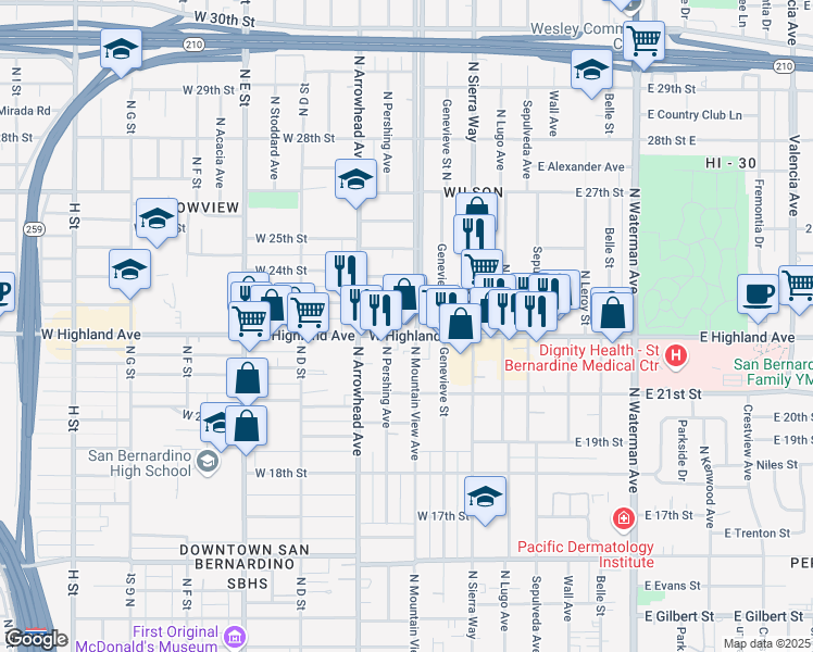 map of restaurants, bars, coffee shops, grocery stores, and more near 214 West Highland Avenue in San Bernardino