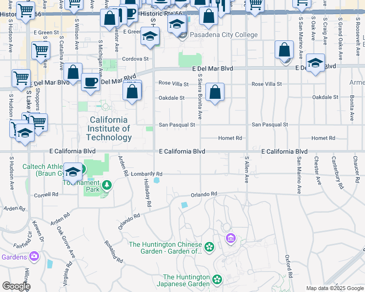 map of restaurants, bars, coffee shops, grocery stores, and more near 1527 East California Boulevard in Pasadena