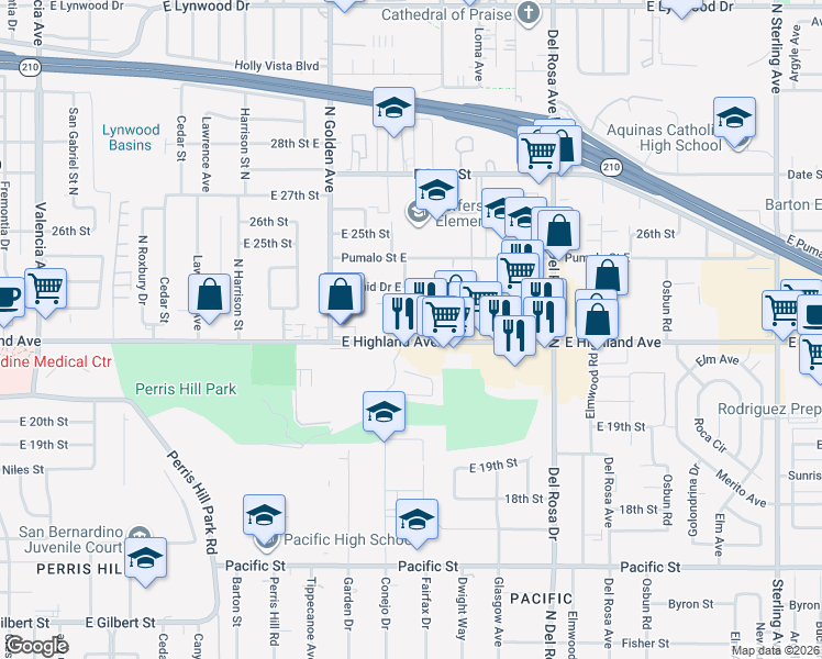 map of restaurants, bars, coffee shops, grocery stores, and more near 1380 East Highland Avenue in San Bernardino