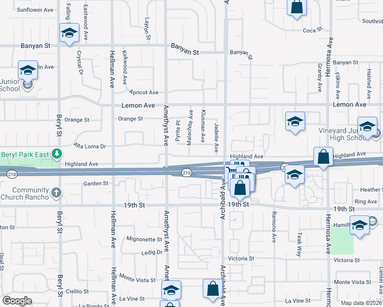 map of restaurants, bars, coffee shops, grocery stores, and more near 9588 Highland Avenue in Rancho Cucamonga