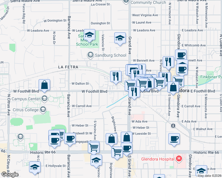 map of restaurants, bars, coffee shops, grocery stores, and more near 555 West Foothill Boulevard in Glendora