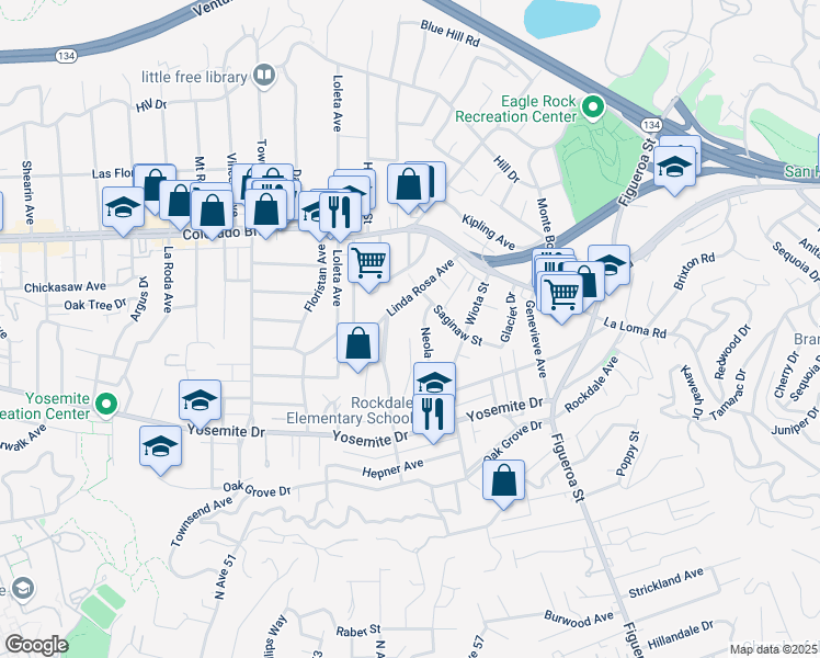 map of restaurants, bars, coffee shops, grocery stores, and more near Wicopee Avenue in Los Angeles