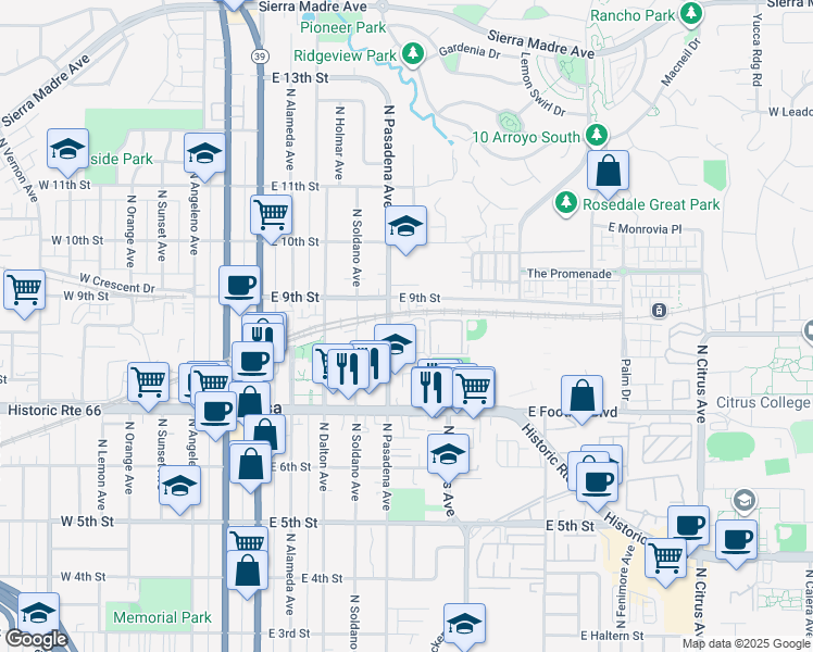 map of restaurants, bars, coffee shops, grocery stores, and more near 824 North Pasadena Avenue in Azusa