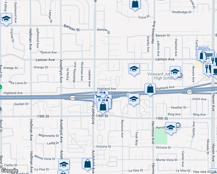 map of restaurants, bars, coffee shops, grocery stores, and more near 9805 Caldaro Street in Rancho Cucamonga